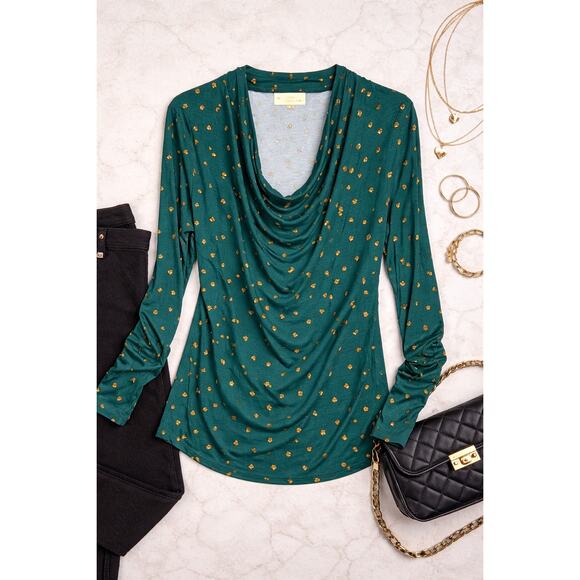 Michael Kors Tops - Michael Kors Green Drape Neck Top Medium Gold Print Long Sleeve Blouse